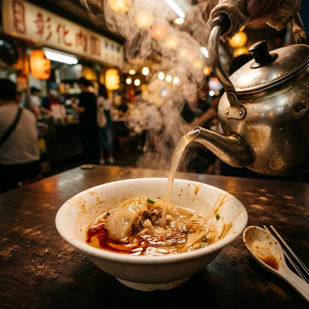 茶壺大骨湯沖入肉圓碗中的洗碗湯